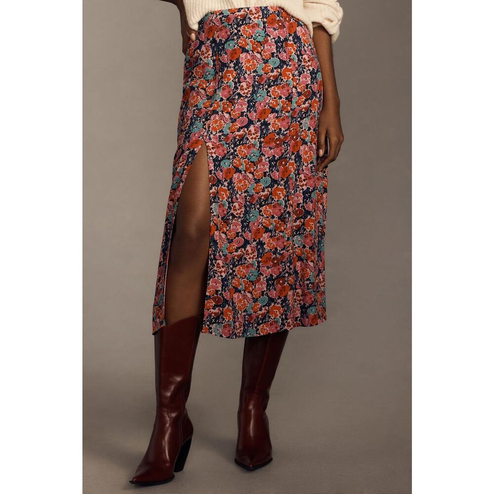 nwt ANTHROPOLOGIE MAEVE sz 12 Lille Side-Slit Midi Skirt in navy motif